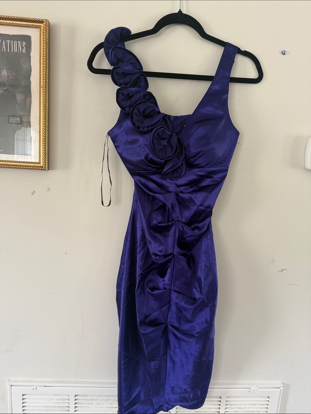 One-Shoulder Purple Satin Cocktail Dress with Rosette Detail
